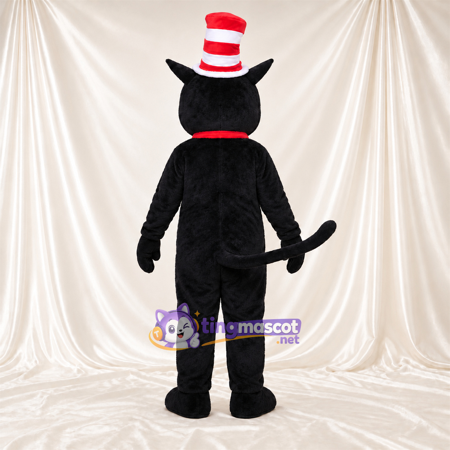 Black and White Cat Mascot Costume - Red Bow Tie and Red and White Striped Top Hat, White Belly and Curled Tail Black and White Cat Mascot Costume - Red Bow Tie and Red and White Striped Top Hat, White Belly and Curled Tail