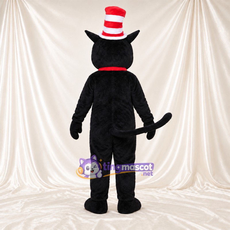 Black and White Cat Mascot Costume - Red Bow Tie and Red and White Striped Top Hat, White Belly and Curled Tail Black and White Cat Mascot Costume - Red Bow Tie and Red and White Striped Top Hat, White Belly and Curled Tail