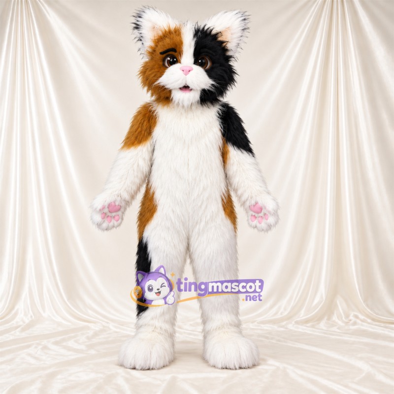Costume de mascotte Chat tricolore – blanc – Taches (noir / marron) Costume de mascotte Chat tricolore – blanc – Taches (noir / marron)