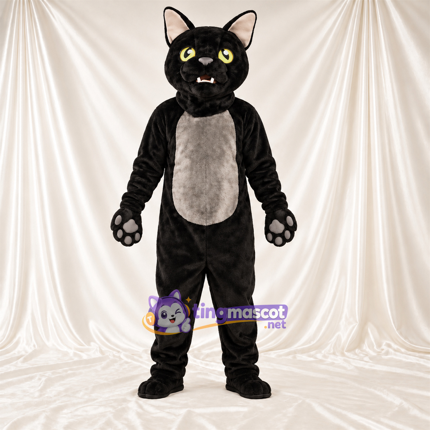 Black and Gray Cat Mascot Costume - Gray Belly and Pointed Fangs Black and Gray Cat Mascot Costume - Gray Belly and Pointed Fangs