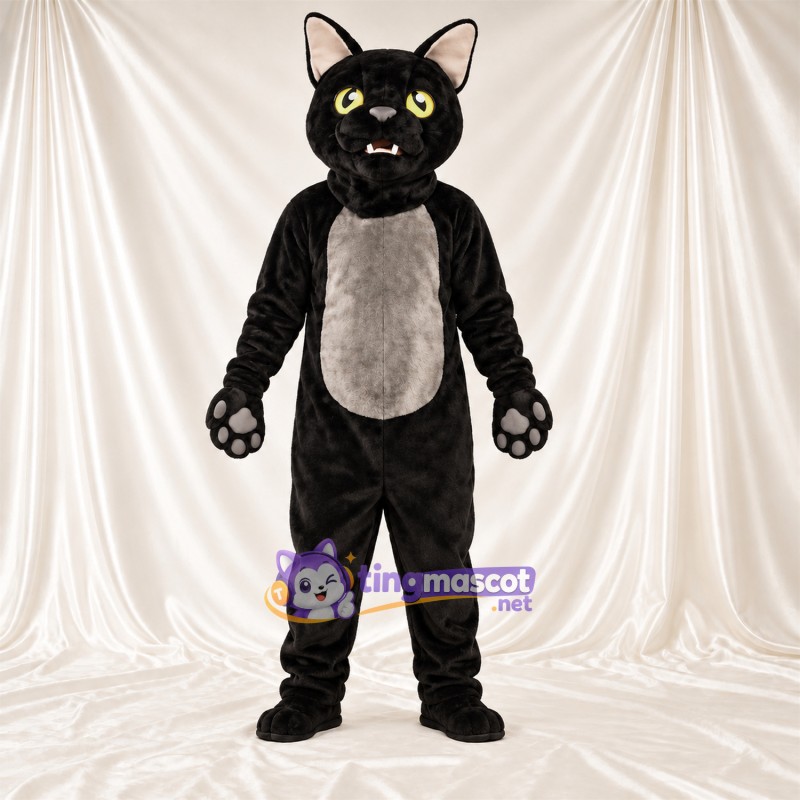 Black and Gray Cat Mascot Costume - Gray Belly and Pointed Fangs Black and Gray Cat Mascot Costume - Gray Belly and Pointed Fangs