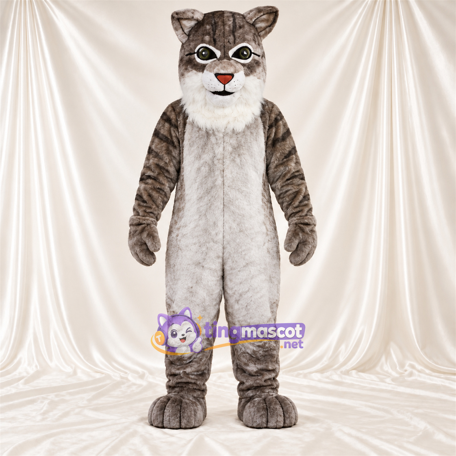 Costume de mascotte Chat tigré – gris / blanc – Torse (blanc); Jambes rayées Costume de mascotte Chat tigré – gris / blanc – Torse (blanc); Jambes rayées