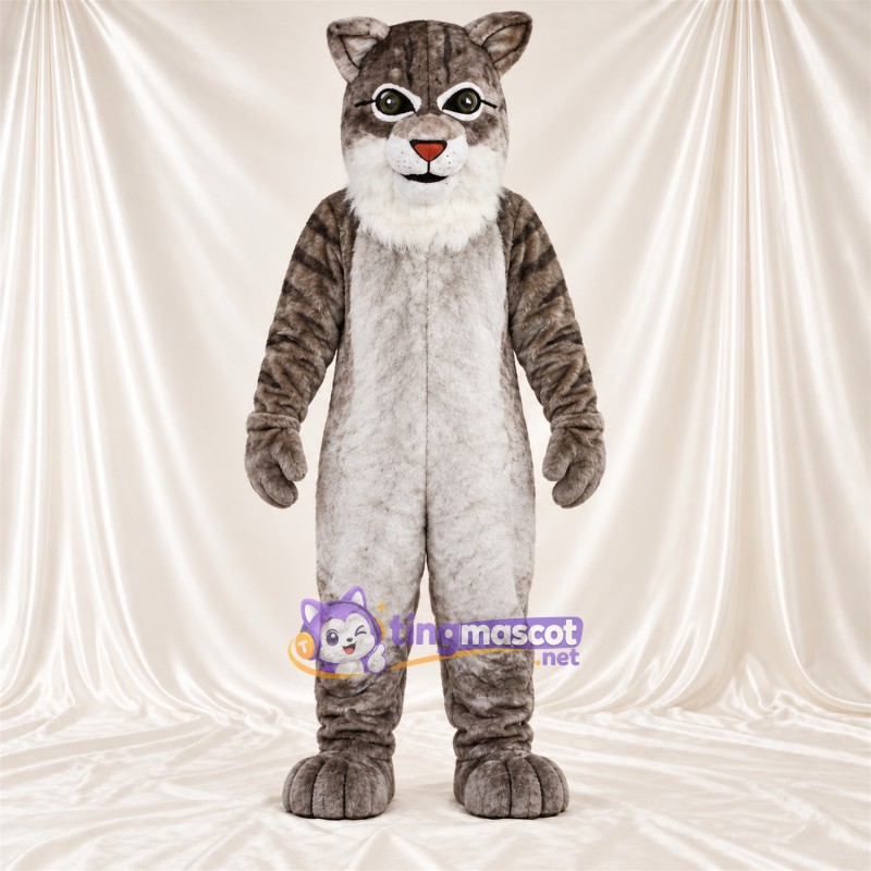 Costume de mascotte Chat tigré – gris / blanc – Torse (blanc); Jambes rayées Costume de mascotte Chat tigré – gris / blanc – Torse (blanc); Jambes rayées