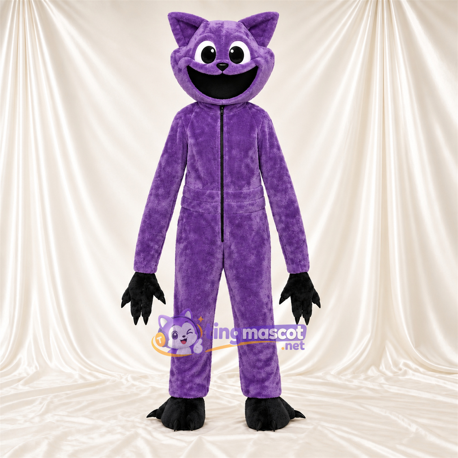 Costume de mascotte Chat – violet – Queue enroulée; Gants (noir) Costume de mascotte Chat – violet – Queue enroulée; Gants (noir)