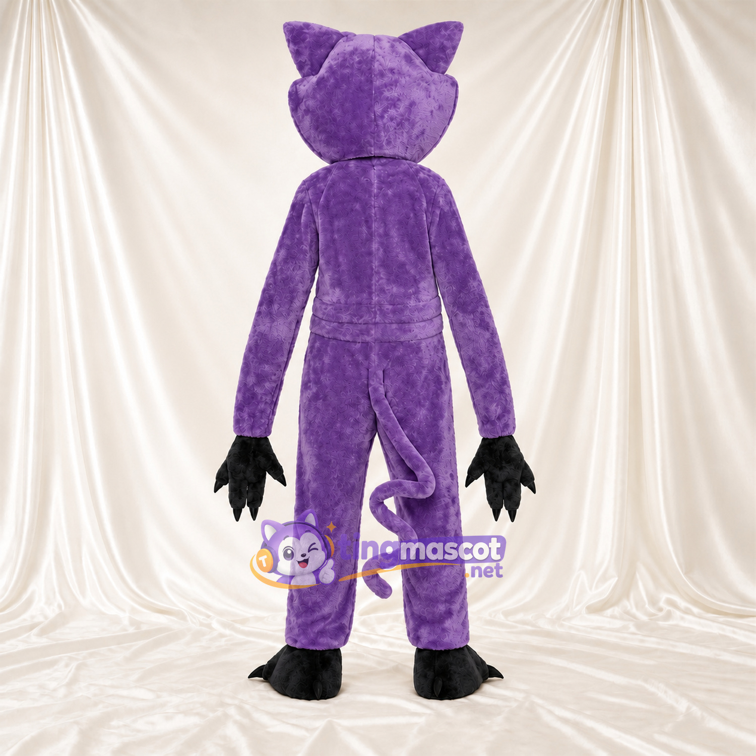 Costume de mascotte Chat – violet – Queue enroulée; Gants (noir) Costume de mascotte Chat – violet – Queue enroulée; Gants (noir)