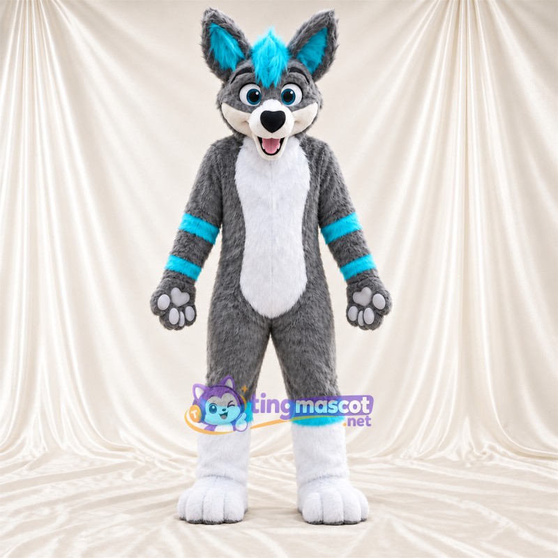 Gray, White and Turquoise Wolf Mascot Costume Gray, White and Turquoise Wolf Mascot Costume