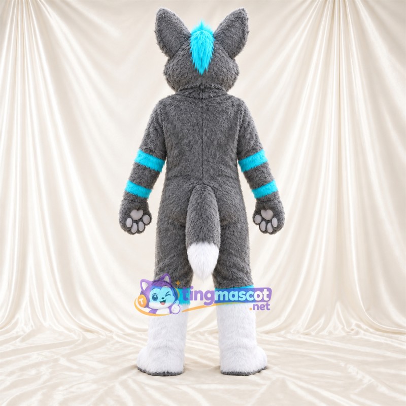 Gray, White and Turquoise Wolf Mascot Costume Gray, White and Turquoise Wolf Mascot Costume