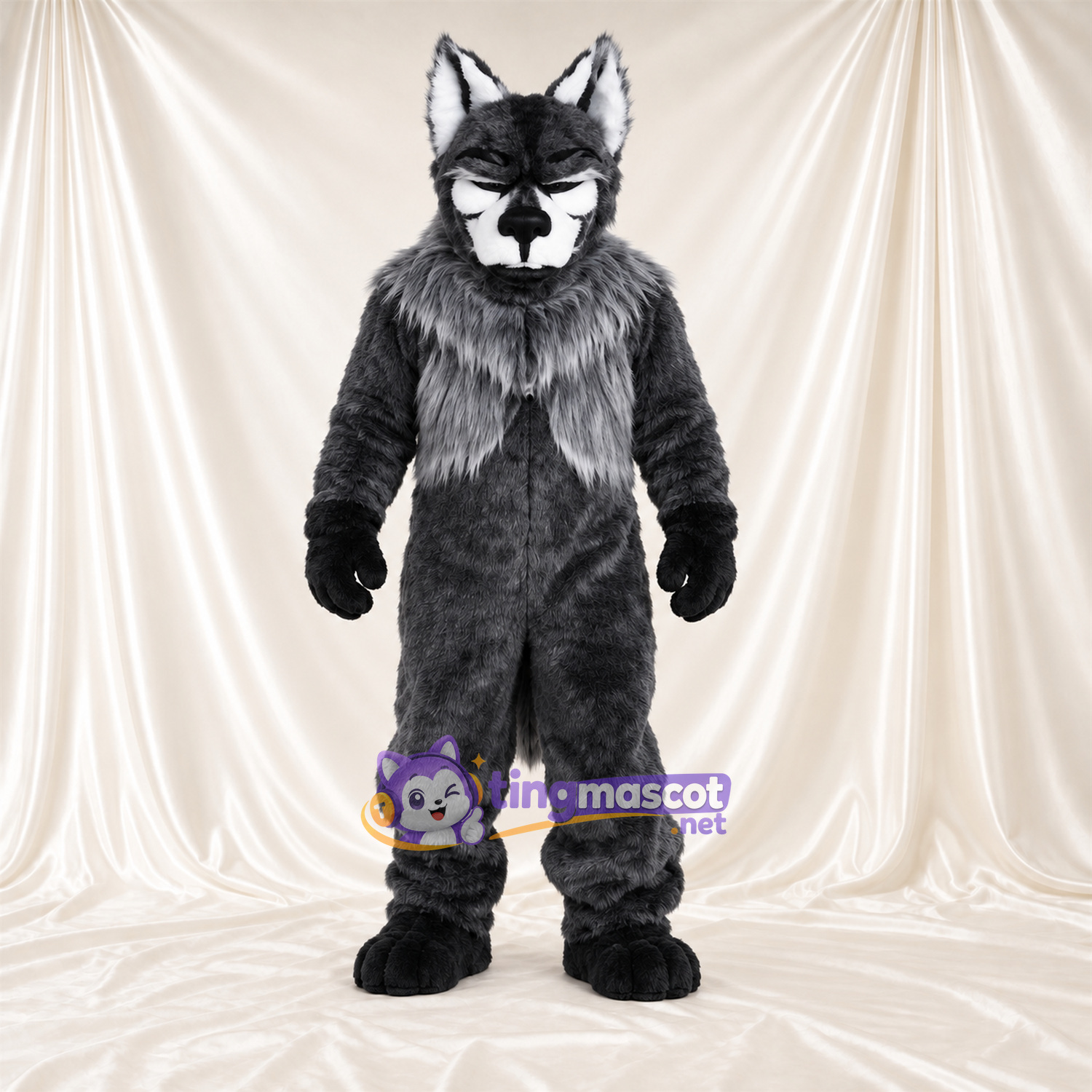 Black and Gray Wolf Mascot Costume - Black Gloves and Shaggy Gray Neck Ruff Black and Gray Wolf Mascot Costume - Black Gloves and Shaggy Gray Neck Ruff