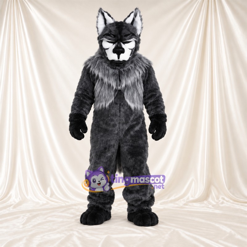 Black and Gray Wolf Mascot Costume - Black Gloves and Shaggy Gray Neck Ruff Black and Gray Wolf Mascot Costume - Black Gloves and Shaggy Gray Neck Ruff