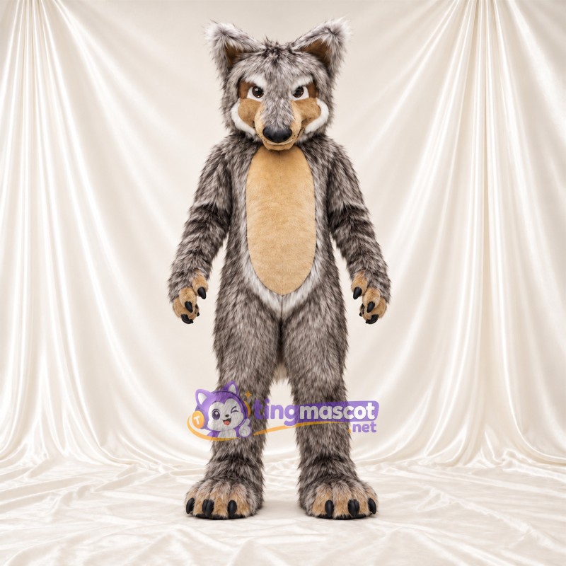 Costume de mascotte Loup – marron / gris – Ventre (brun clair); Griffes (noir)