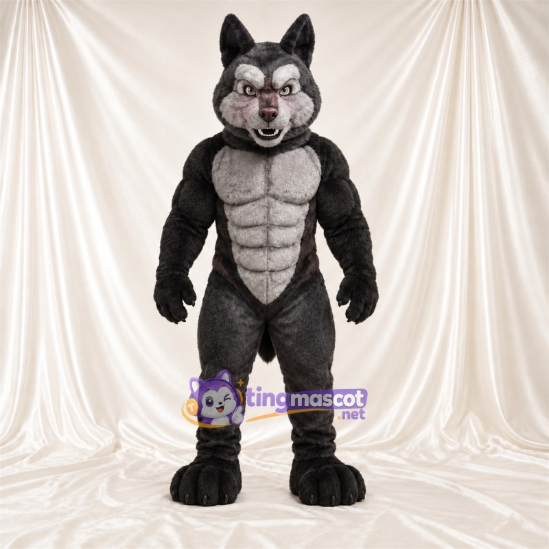 Black and Gray Wolf Mascot Costume - Gray Muscle Chest and Black Claws Black and Gray Wolf Mascot Costume - Gray Muscle Chest and Black Claws