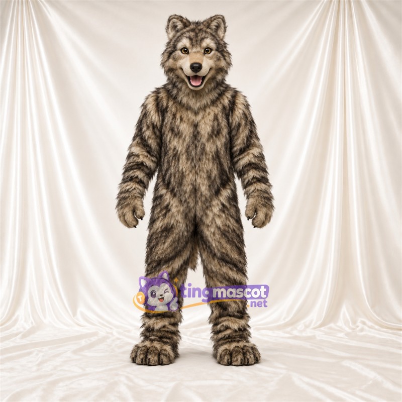 Costume de mascotte Loup – marron / gris – Queue touffue; Fourrure hirsute Costume de mascotte Loup – marron / gris – Queue touffue; Fourrure hirsute