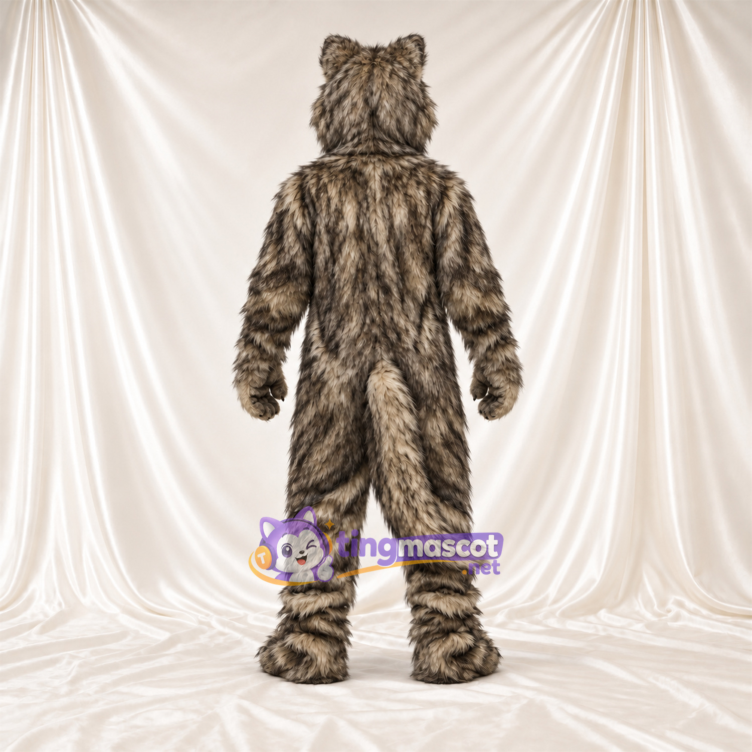 Costume de mascotte Loup – marron / gris – Queue touffue; Fourrure hirsute Costume de mascotte Loup – marron / gris – Queue touffue; Fourrure hirsute