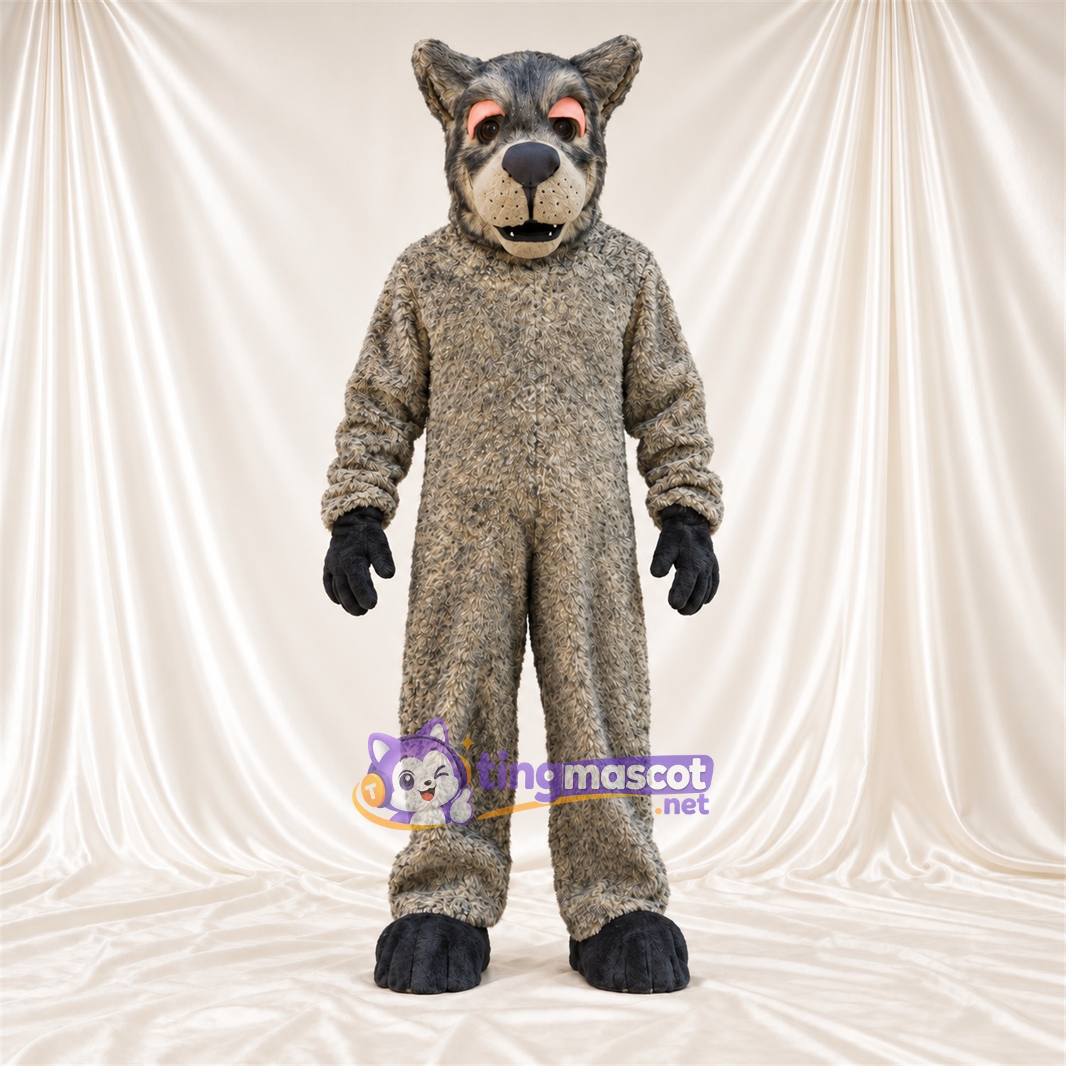 Costume de mascotte Loup – marron / gris – Gants (noir); Pieds (noir) Costume de mascotte Loup – marron / gris – Gants (noir); Pieds (noir)