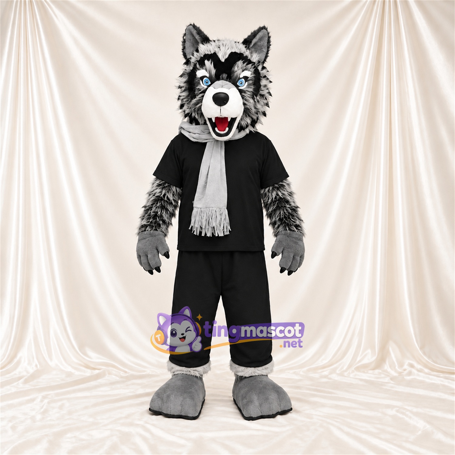 Black and Gray Wolf Mascot Costume - Black Outfit and White Scarf Black and Gray Wolf Mascot Costume - Black Outfit and White Scarf