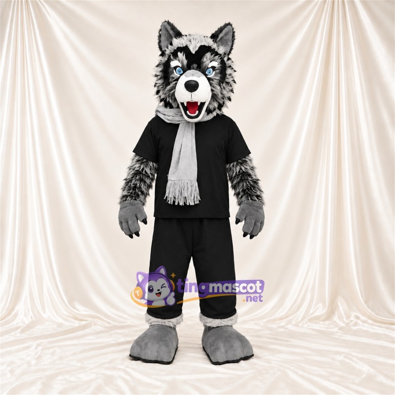 Black and Gray Wolf Mascot Costume - Black Outfit and White Scarf Black and Gray Wolf Mascot Costume - Black Outfit and White Scarf