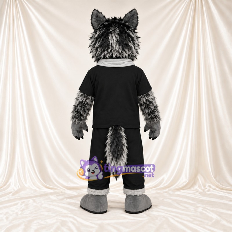 Black and Gray Wolf Mascot Costume - Black Outfit and White Scarf Black and Gray Wolf Mascot Costume - Black Outfit and White Scarf