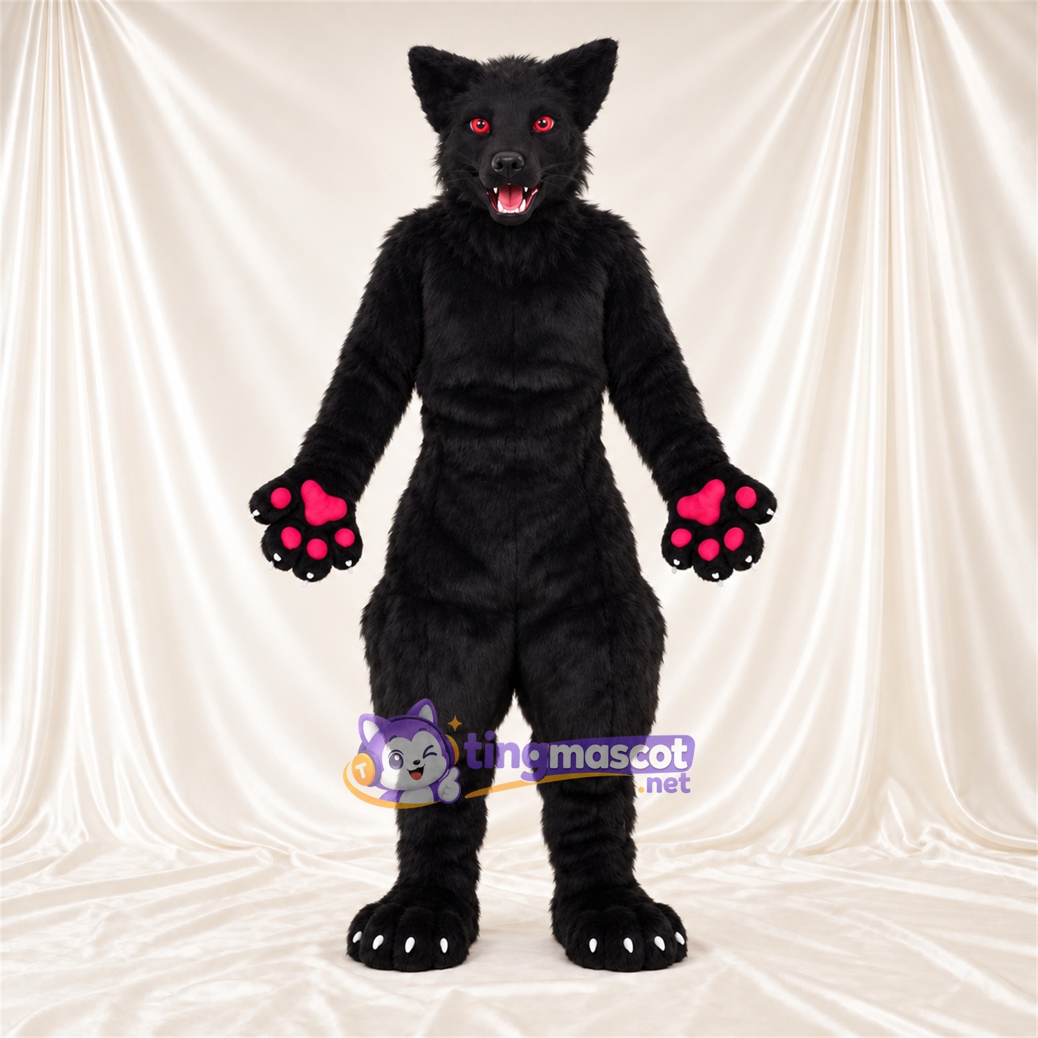 Costume de mascotte Loup – noir – Coussinets (rose); Yeux (rouge) Costume de mascotte Loup – noir – Coussinets (rose); Yeux (rouge)
