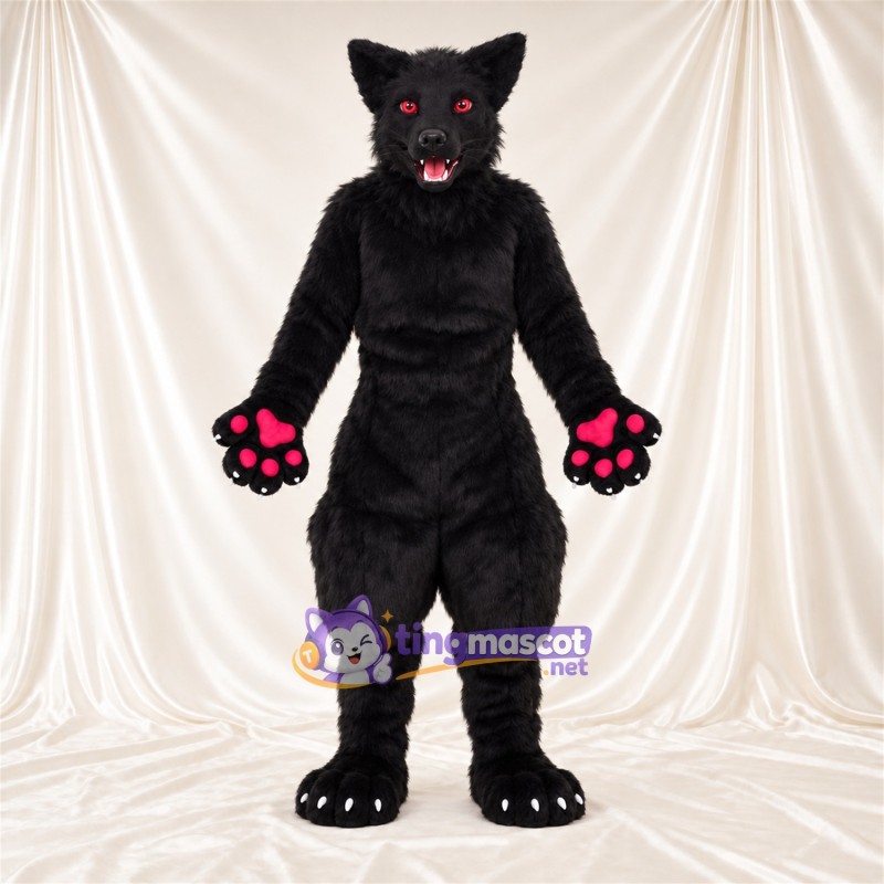 Costume de mascotte Loup – noir – Coussinets (rose); Yeux (rouge) Costume de mascotte Loup – noir – Coussinets (rose); Yeux (rouge)