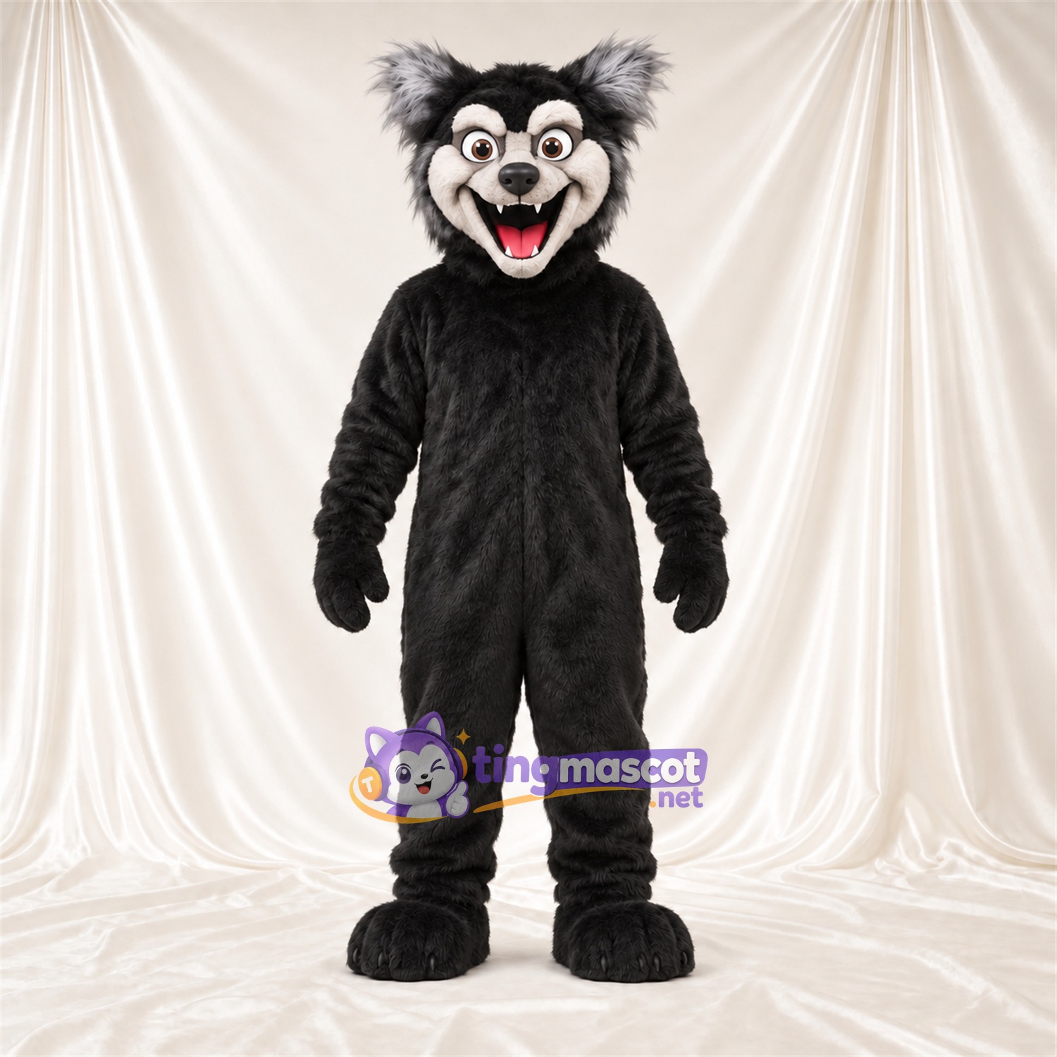 Black and White Wolf Mascot Costume - Pointed Fangs and Shaggy Fur Black and White Wolf Mascot Costume - Pointed Fangs and Shaggy Fur