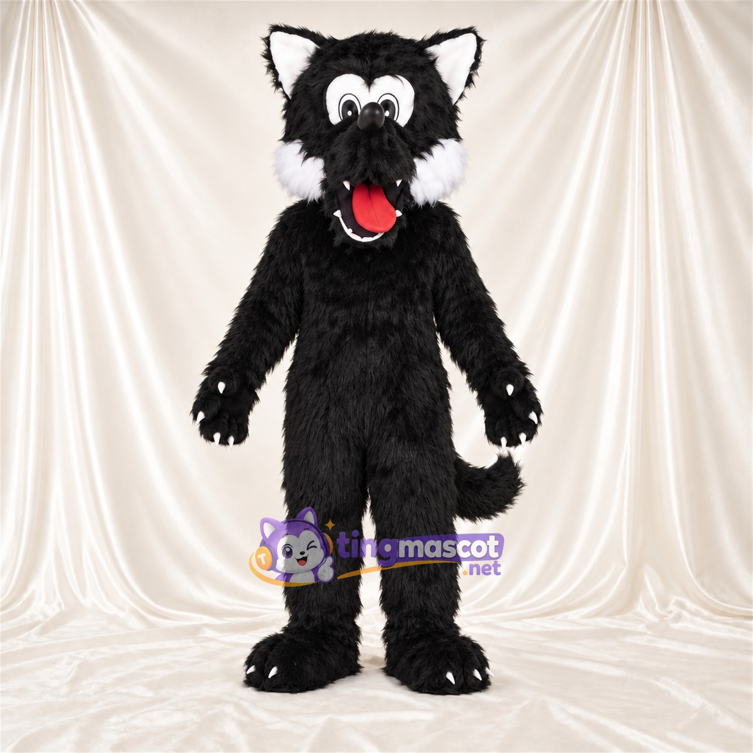 Costume de mascotte Loup – noir – Langue (rouge); Joues (blanc) Costume de mascotte Loup – noir – Langue (rouge); Joues (blanc)
