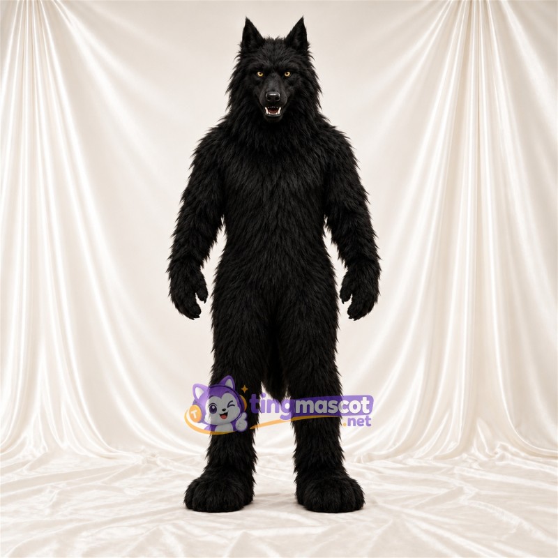 Costume de mascotte Loup – noir – Oreilles pointues; Fourrure hirsute Costume de mascotte Loup – noir – Oreilles pointues; Fourrure hirsute