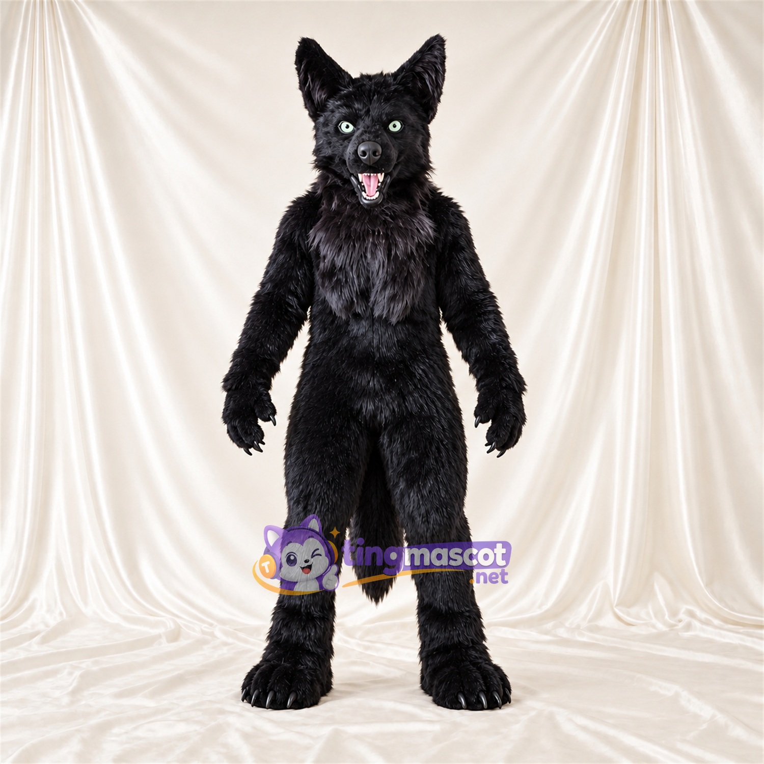 Costume de mascotte Loup – noir – Langue (rose); Fourrure hirsute Costume de mascotte Loup – noir – Langue (rose); Fourrure hirsute