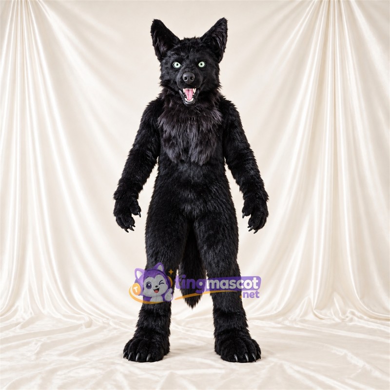Costume de mascotte Loup – noir – Langue (rose); Fourrure hirsute Costume de mascotte Loup – noir – Langue (rose); Fourrure hirsute