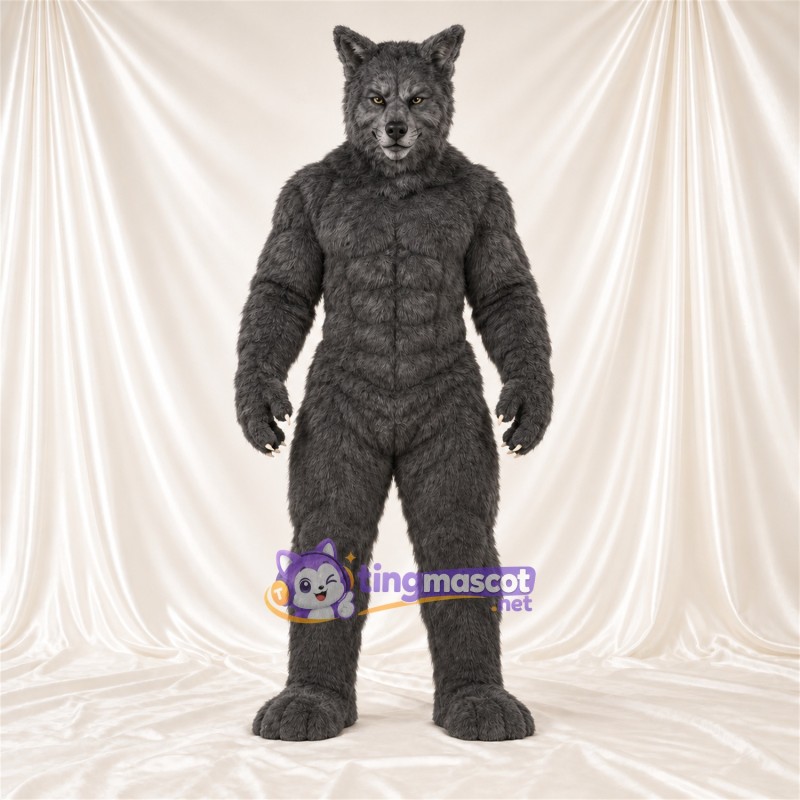 Costume de mascotte Loup – gris foncé – Longue queue; Fourrure hirsute Costume de mascotte Loup – gris foncé – Longue queue; Fourrure hirsute