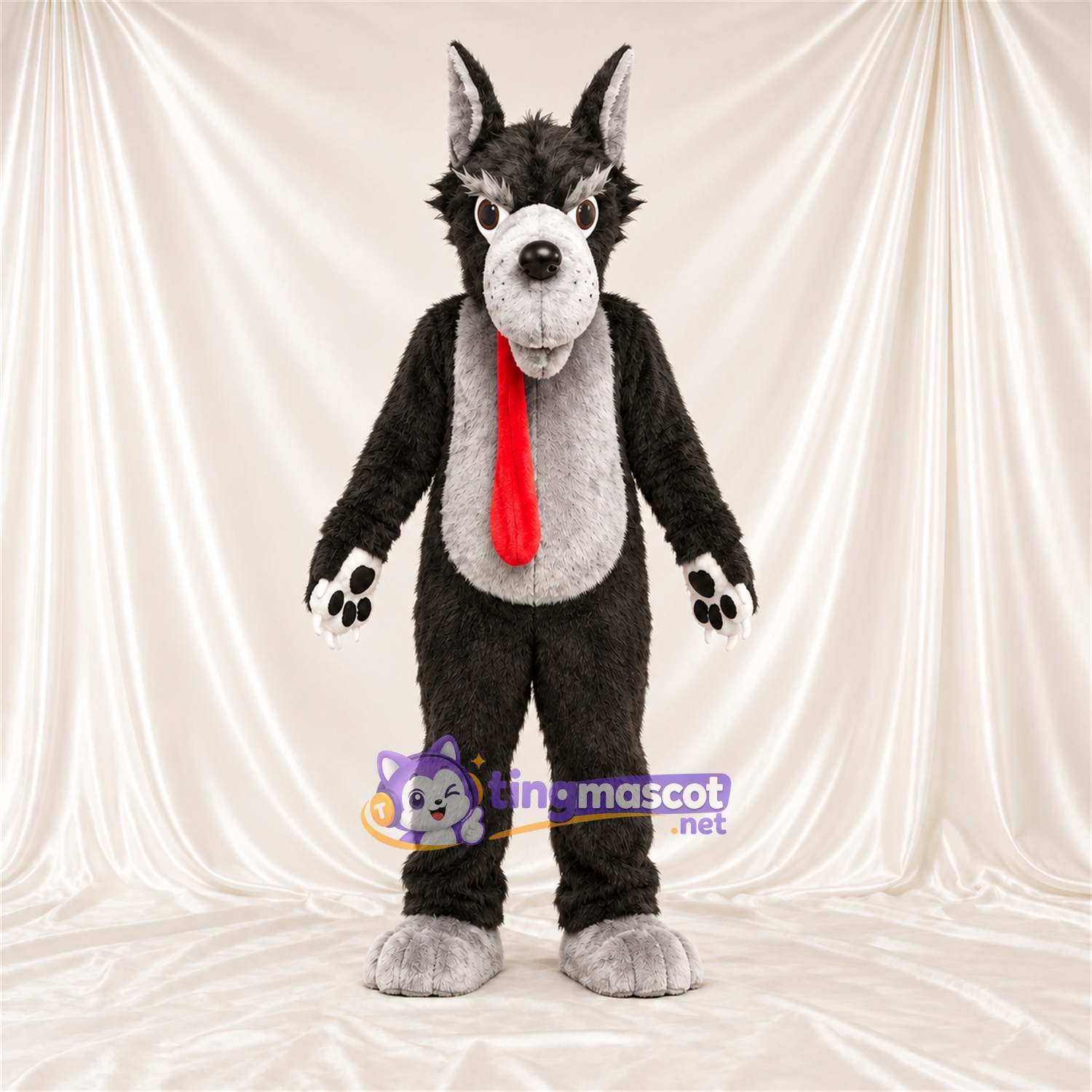 Costume de mascotte Loup – noir / blanc – Cravate (rouge) Costume de mascotte Loup – noir / blanc – Cravate (rouge)