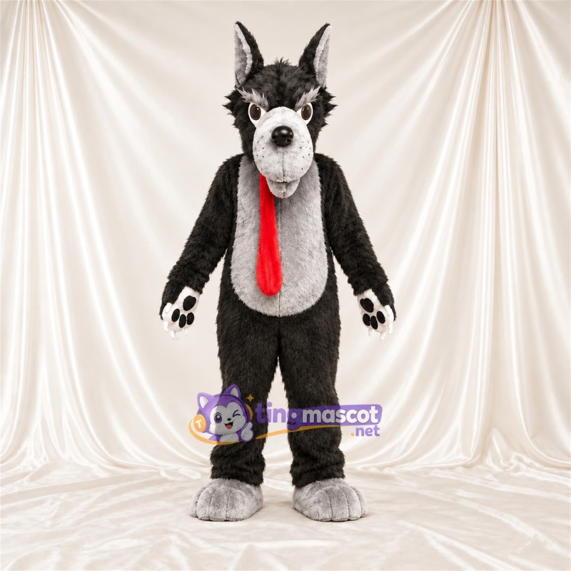 Maskottchenkostüm Wolf – schwarz / weiß – Krawatte (rot) Maskottchenkostüm Wolf – schwarz / weiß – Krawatte (rot)