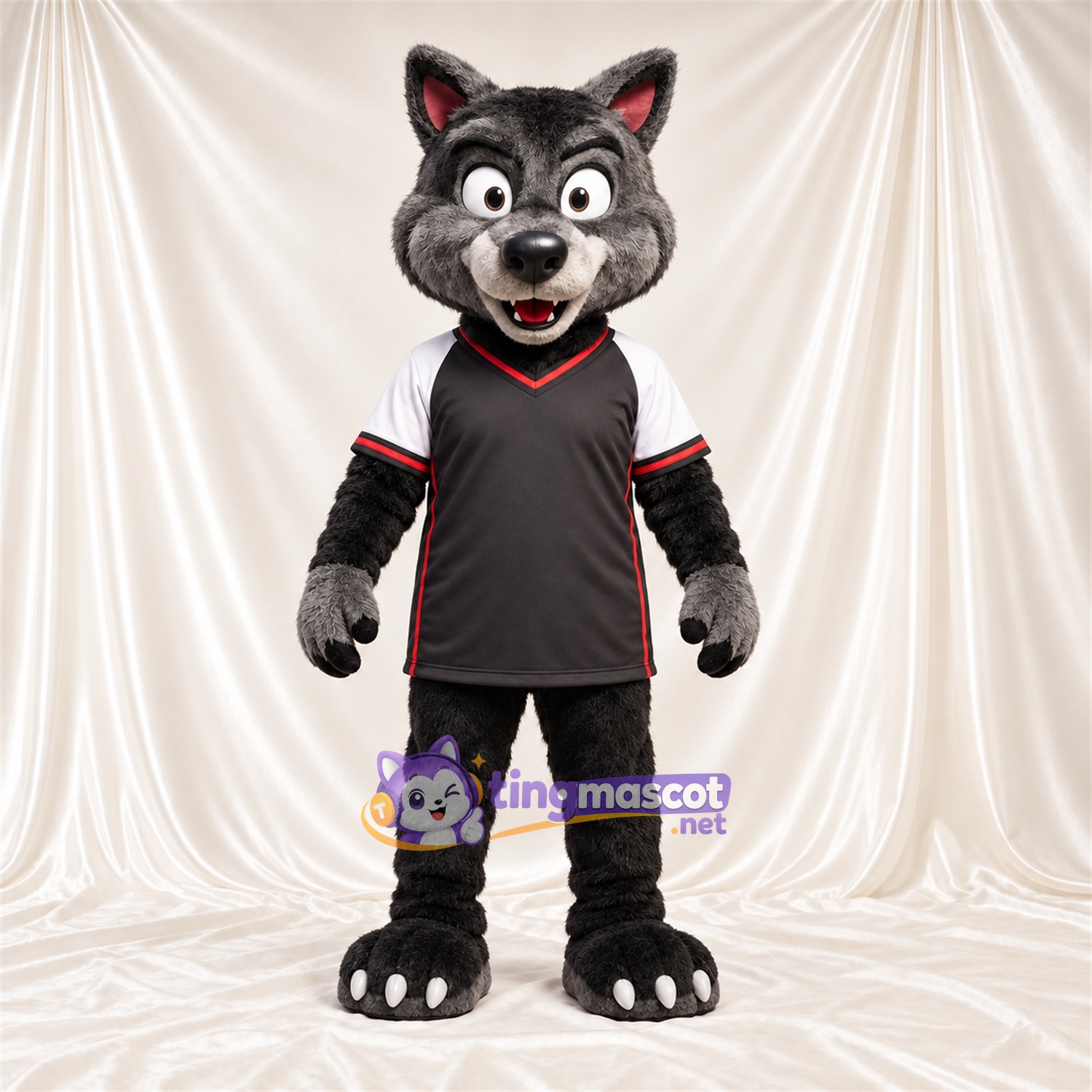 Black and Gray Wolf Mascot Costume - Black and White Sports Shirt Black and Gray Wolf Mascot Costume - Black and White Sports Shirt