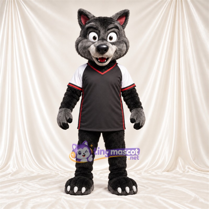 Black and Gray Wolf Mascot Costume - Black and White Sports Shirt Black and Gray Wolf Mascot Costume - Black and White Sports Shirt