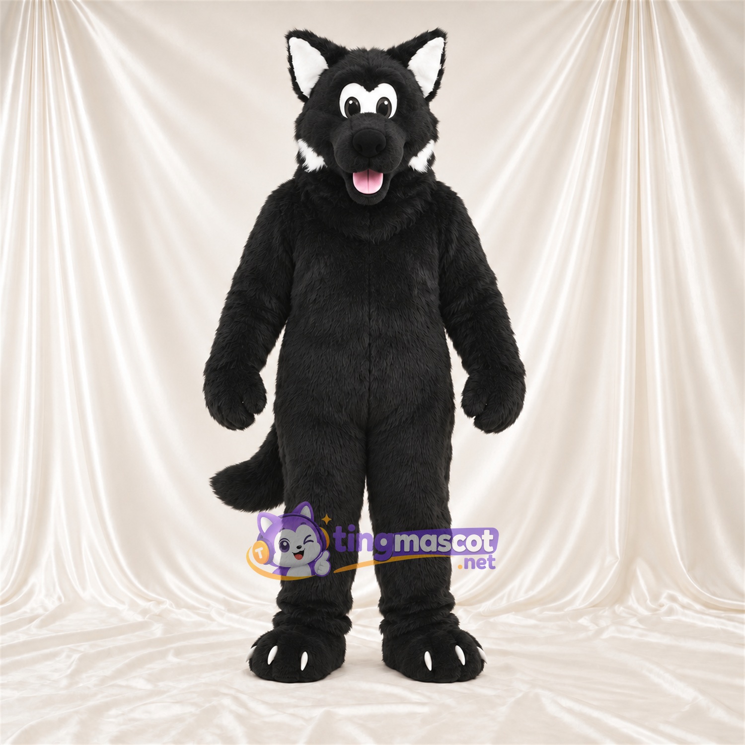 Costume de mascotte Loup – noir – Griffes (blanc); Langue (rose) Costume de mascotte Loup – noir – Griffes (blanc); Langue (rose)