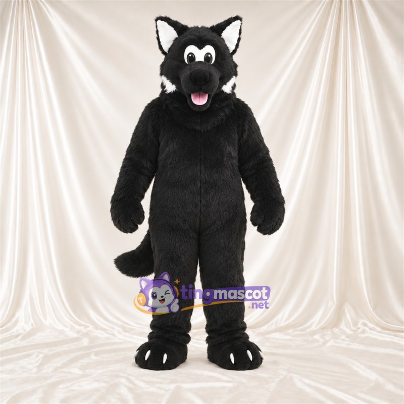 Costume de mascotte Loup – noir – Griffes (blanc); Langue (rose) Costume de mascotte Loup – noir – Griffes (blanc); Langue (rose)