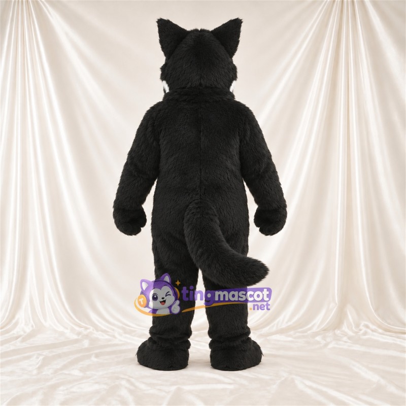 Costume de mascotte Loup – noir – Griffes (blanc); Langue (rose) Costume de mascotte Loup – noir – Griffes (blanc); Langue (rose)