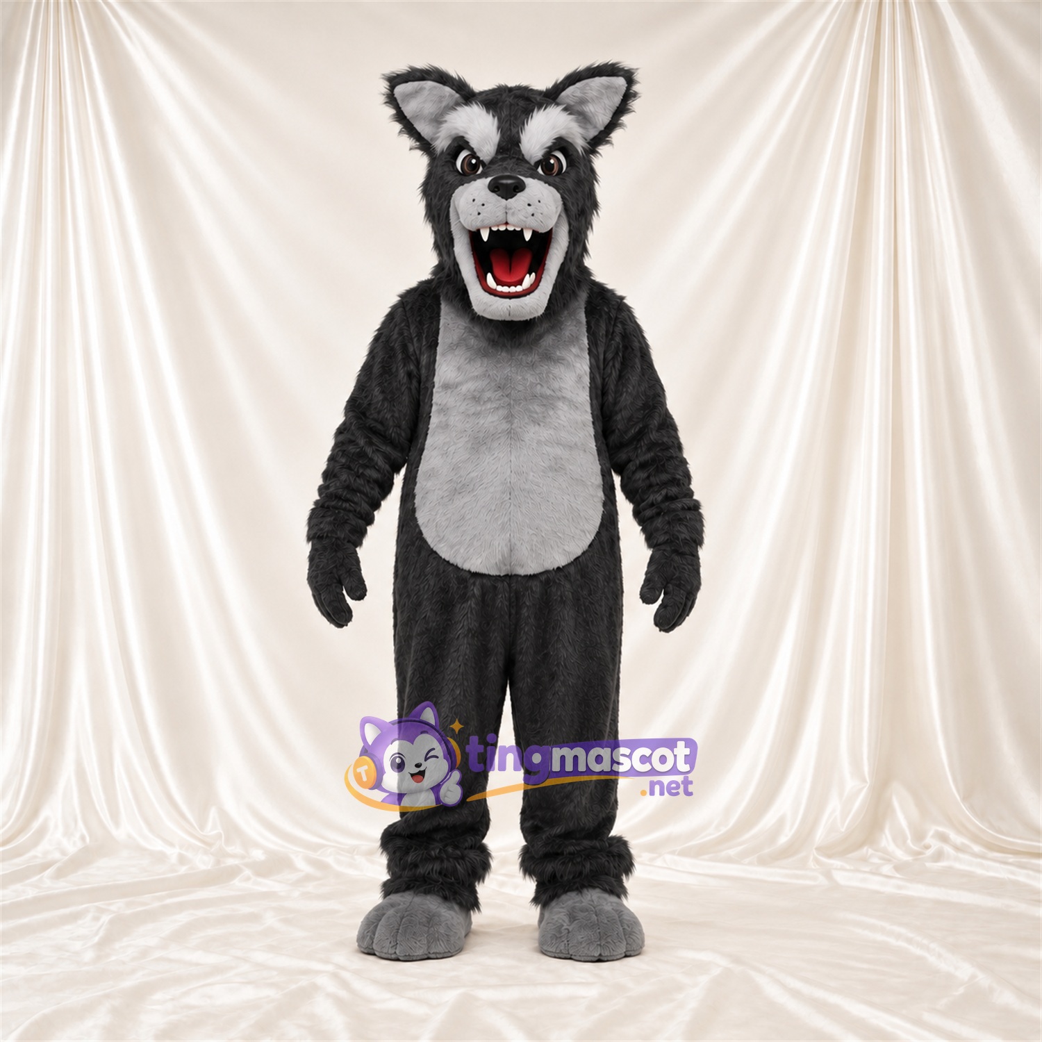 Black and Gray Wolf Mascot Costume - Gray Belly and Pointed Fangs Black and Gray Wolf Mascot Costume - Gray Belly and Pointed Fangs