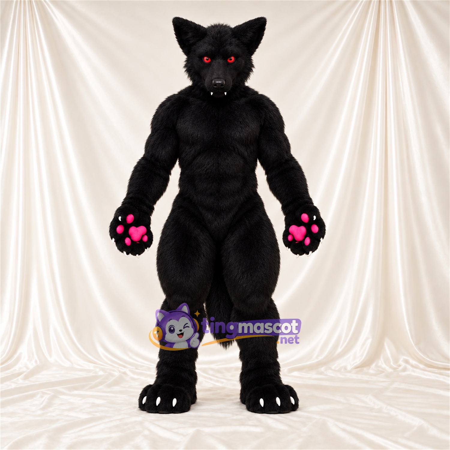 Costume de mascotte Loup – noir – Coussinets (rose); Yeux (rouge) Costume de mascotte Loup – noir – Coussinets (rose); Yeux (rouge)