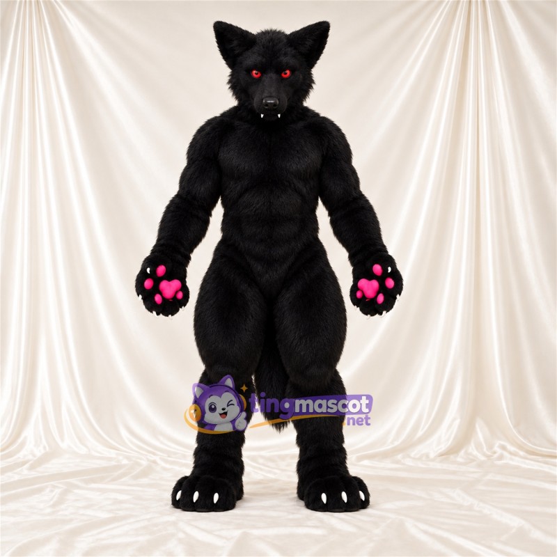 Costume de mascotte Loup – noir – Coussinets (rose); Yeux (rouge) Costume de mascotte Loup – noir – Coussinets (rose); Yeux (rouge)