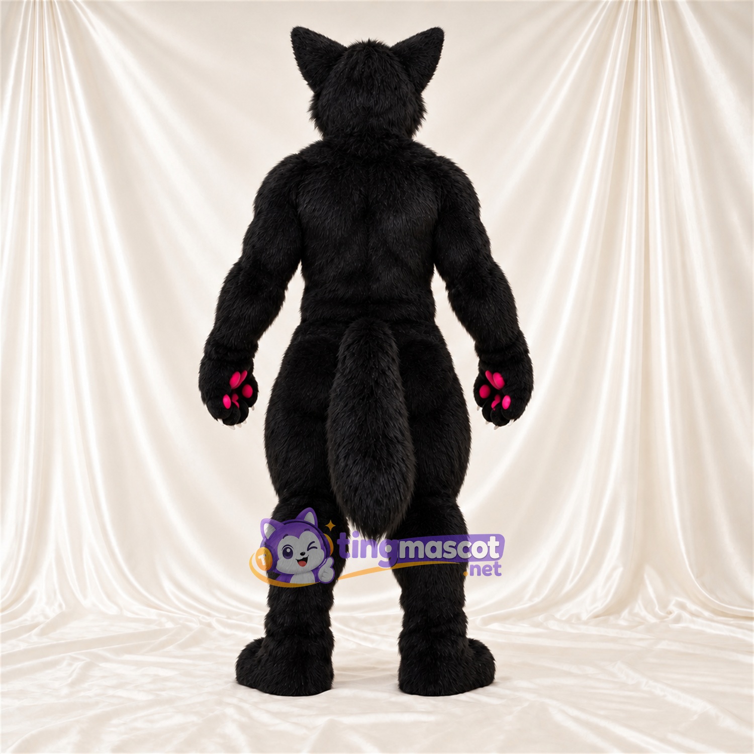 Costume de mascotte Loup – noir – Coussinets (rose); Yeux (rouge) Costume de mascotte Loup – noir – Coussinets (rose); Yeux (rouge)