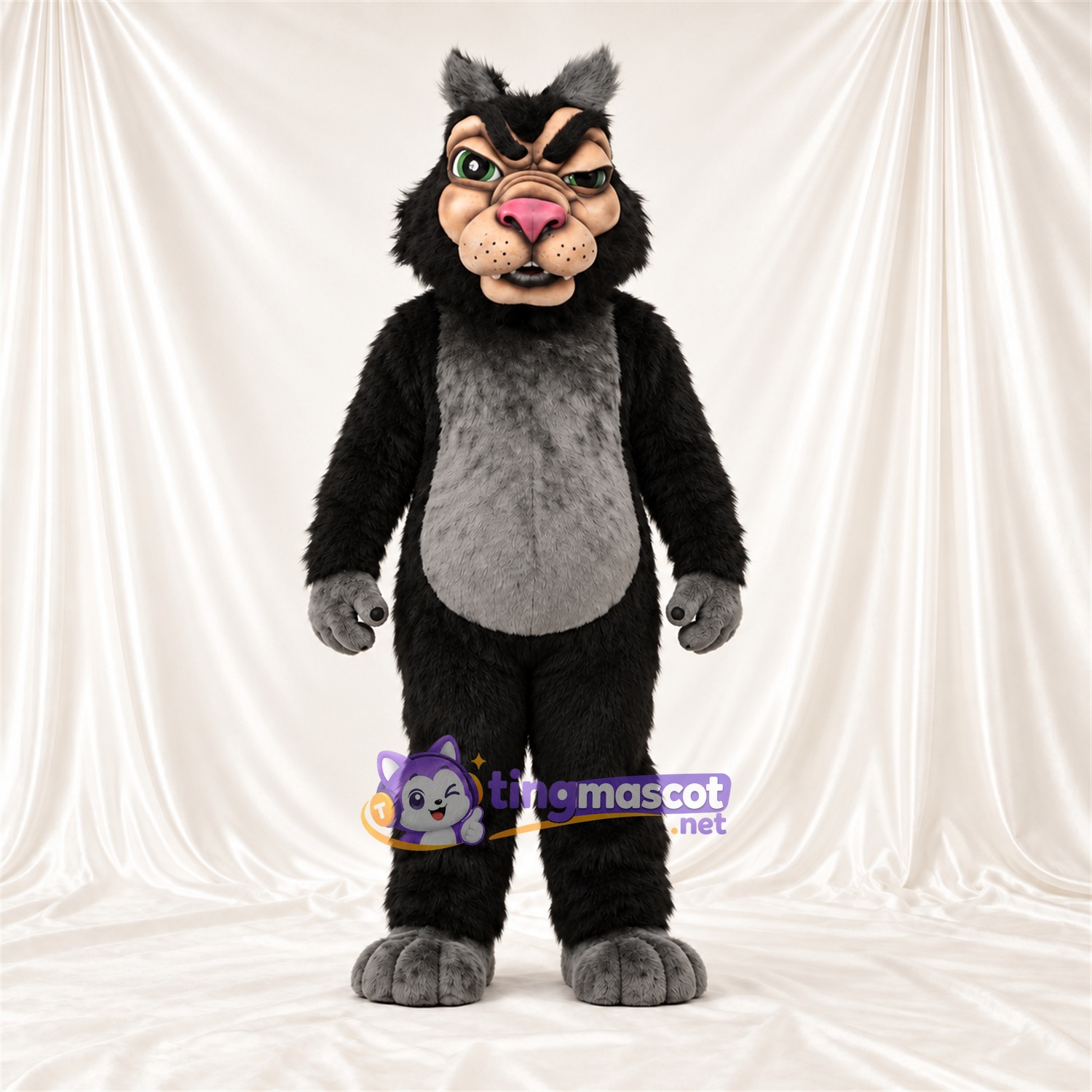 Black and Gray Wildcat Mascot Costume - Gray Belly and Green Eyes Black and Gray Wildcat Mascot Costume - Gray Belly and Green Eyes