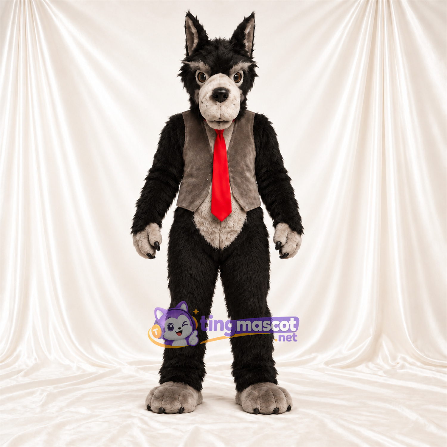 Black and Gray Wolf Mascot Costume - Brown Vest and Red Tie Black and Gray Wolf Mascot Costume - Brown Vest and Red Tie