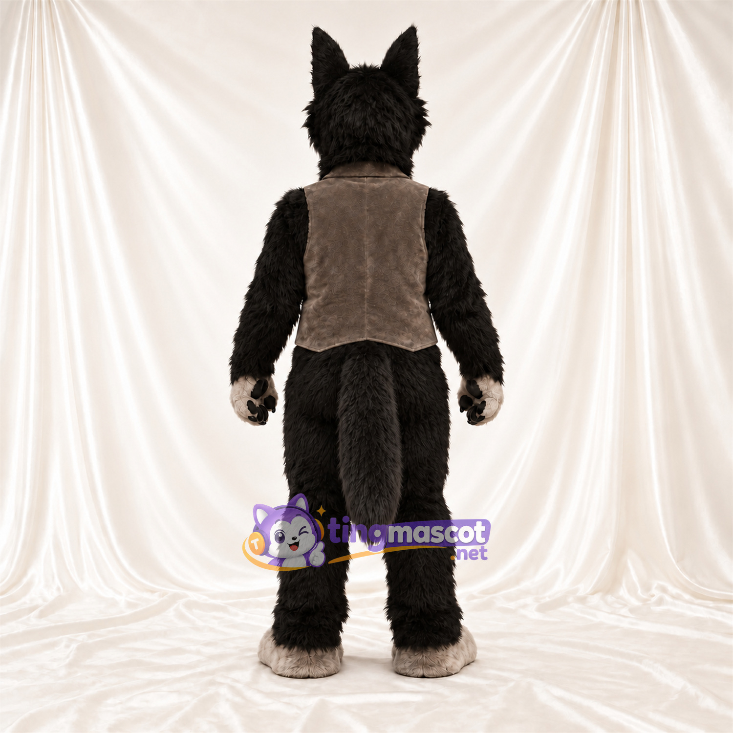 Black and Gray Wolf Mascot Costume - Brown Vest and Red Tie Black and Gray Wolf Mascot Costume - Brown Vest and Red Tie