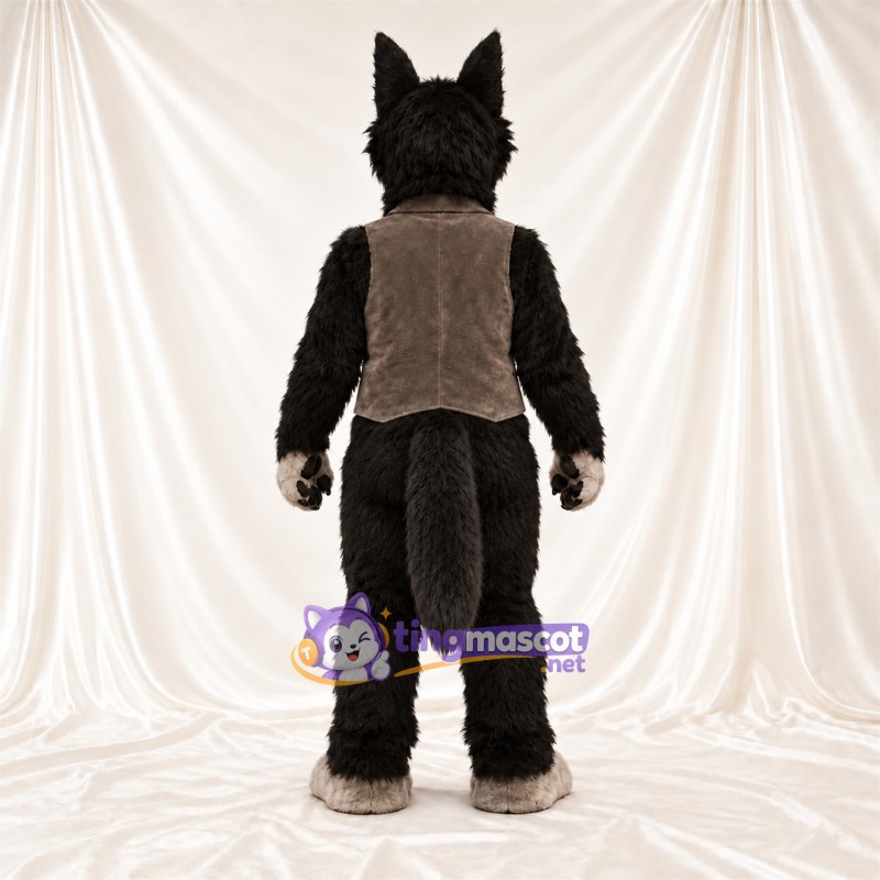 Black and Gray Wolf Mascot Costume - Brown Vest and Red Tie Black and Gray Wolf Mascot Costume - Brown Vest and Red Tie