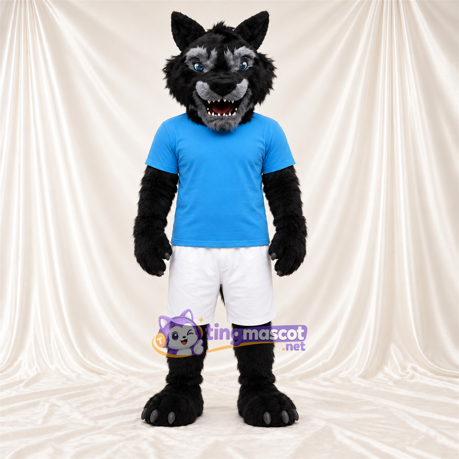 Costume de mascotte Loup – noir – Chemise (bleu); Short (blanc) Costume de mascotte Loup – noir – Chemise (bleu); Short (blanc)