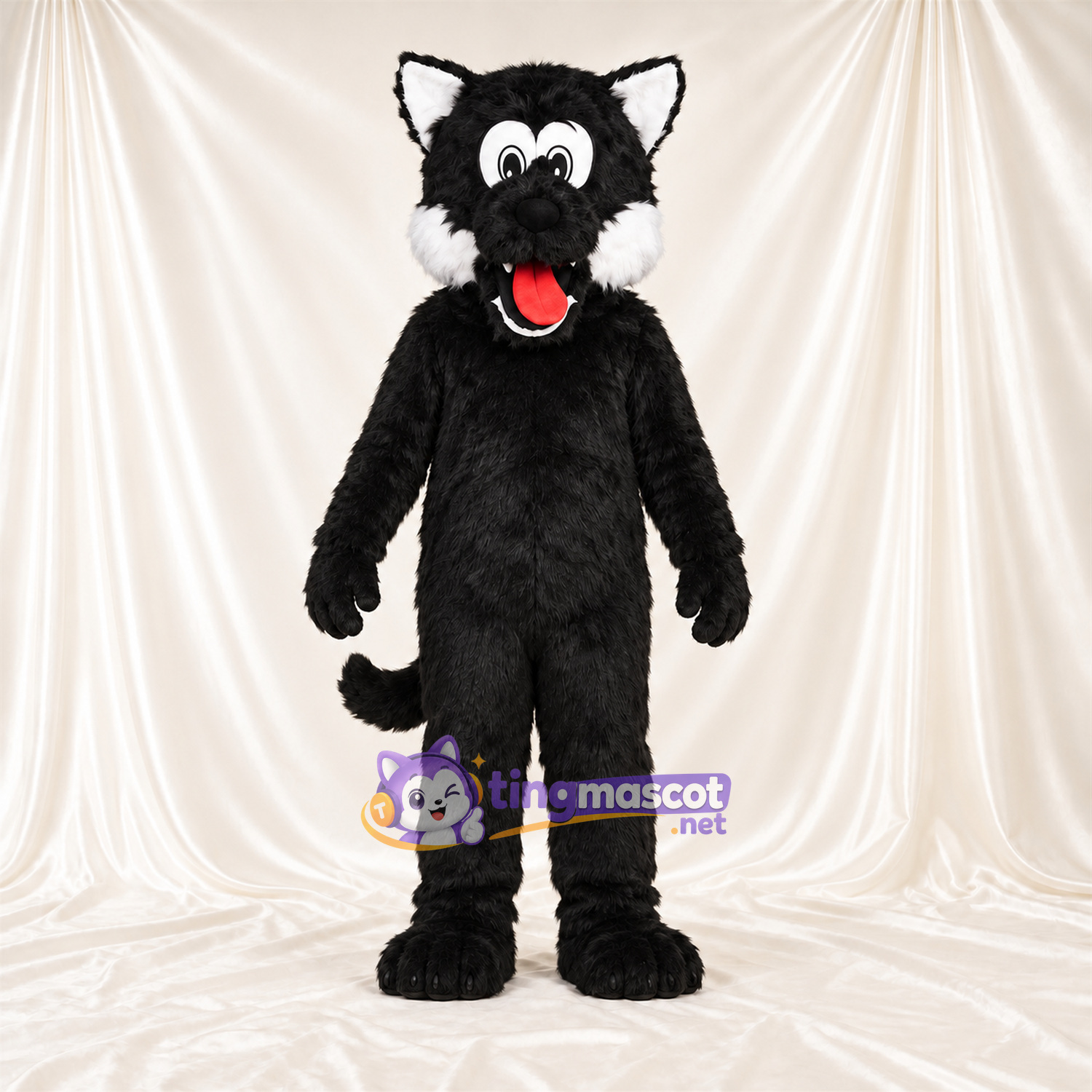 Costume de mascotte Loup – noir – Langue (rouge); Joues (blanc) Costume de mascotte Loup – noir – Langue (rouge); Joues (blanc)