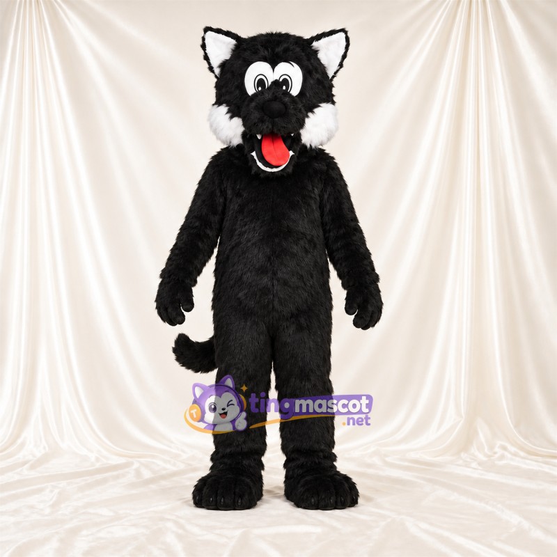 Costume de mascotte Loup – noir – Langue (rouge); Joues (blanc) Costume de mascotte Loup – noir – Langue (rouge); Joues (blanc)
