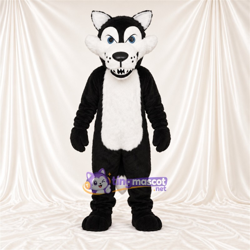 Costume de mascotte Loup – noir / blanc – Bout de la queue (blanc); Sourire avec dents Costume de mascotte Loup – noir / blanc – Bout de la queue (blanc); Sourire avec dents