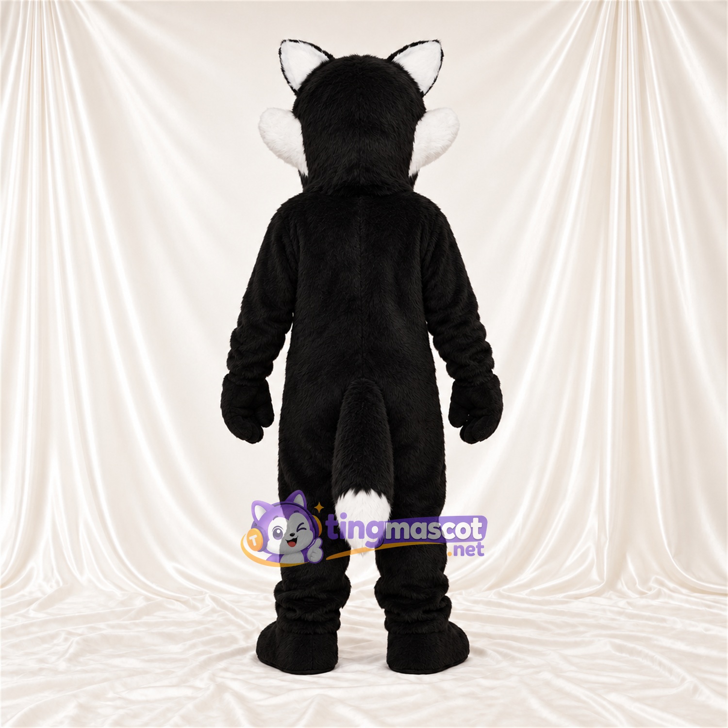 Costume de mascotte Loup – noir / blanc – Bout de la queue (blanc); Sourire avec dents Costume de mascotte Loup – noir / blanc – Bout de la queue (blanc); Sourire avec dents