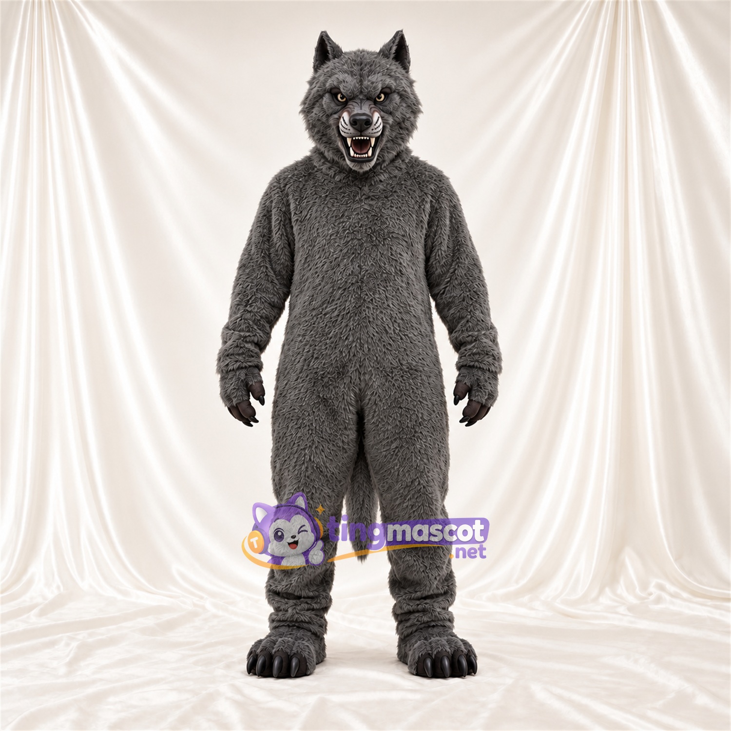 Costume de mascotte Loup – gris – Queue touffue; Crocs pointus Costume de mascotte Loup – gris – Queue touffue; Crocs pointus